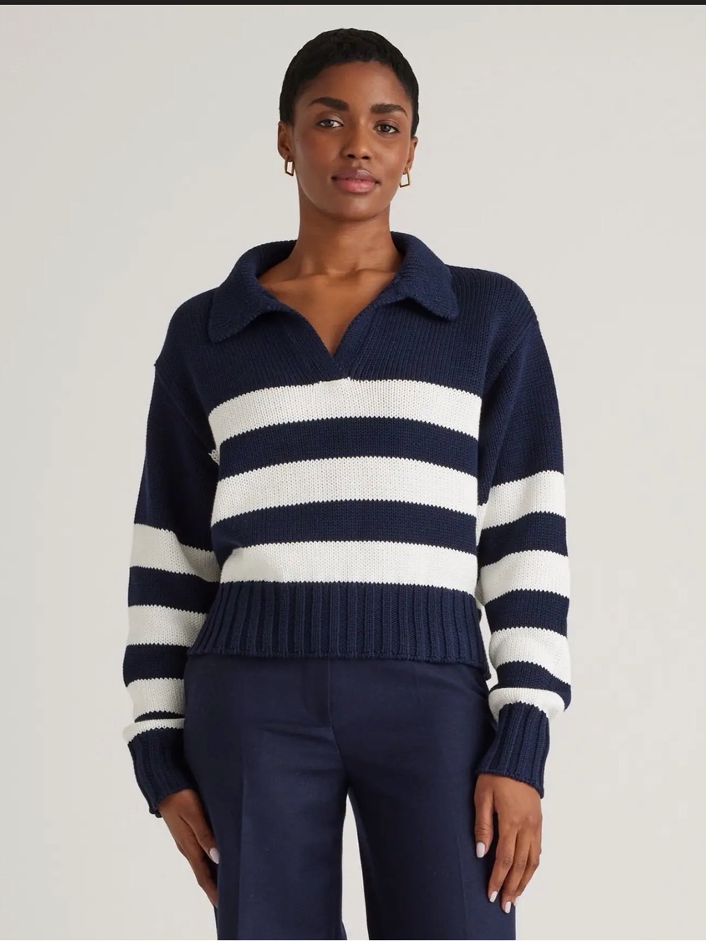 Quince 100% cotton cropped polo sweater navy striped size small